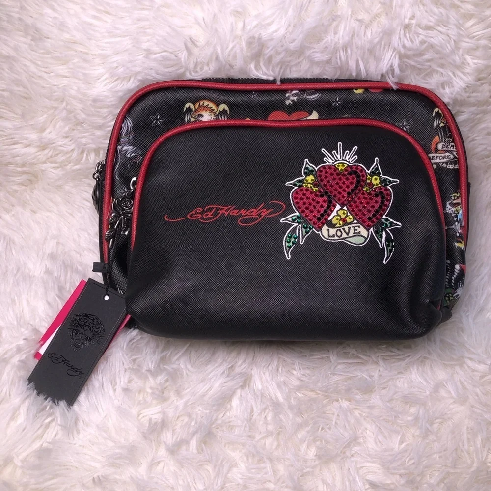 Ed Hardy Black Cosmetic Bag with Red Trim and Heart Graphic